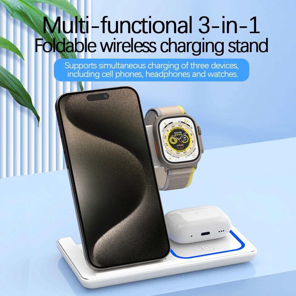 3 in 1 Foldable Charging Station, LED Fast Wireless Charger Stand