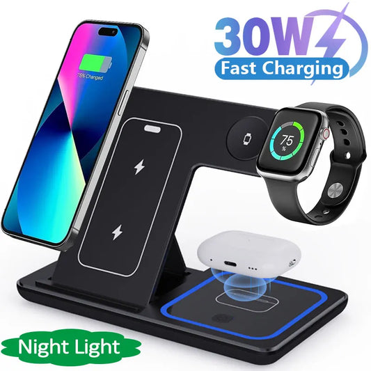 3 in 1 Foldable Charging Station, LED Fast Wireless Charger Stand